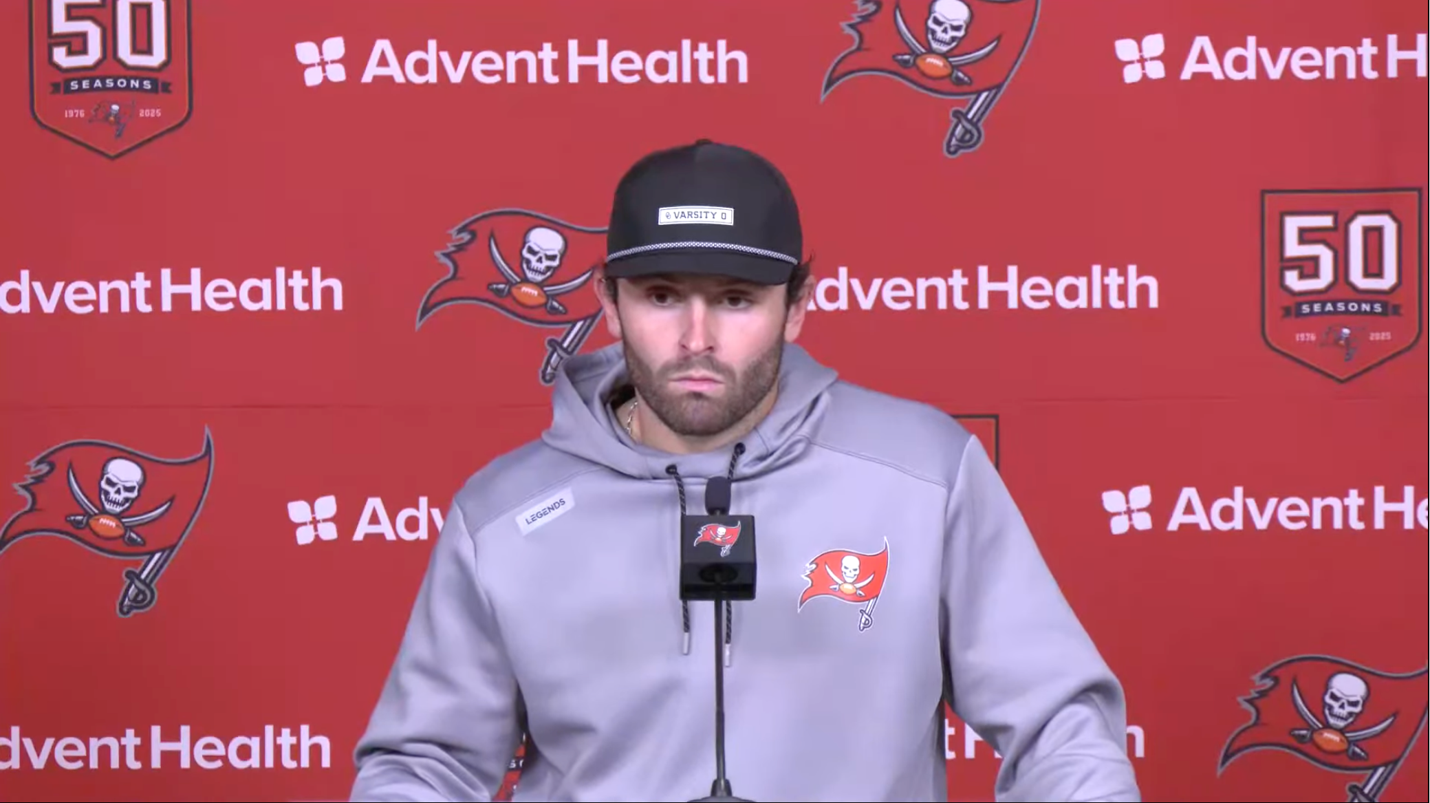 Baker Mayfield discusses his recent oblique injury with reporters after practice.